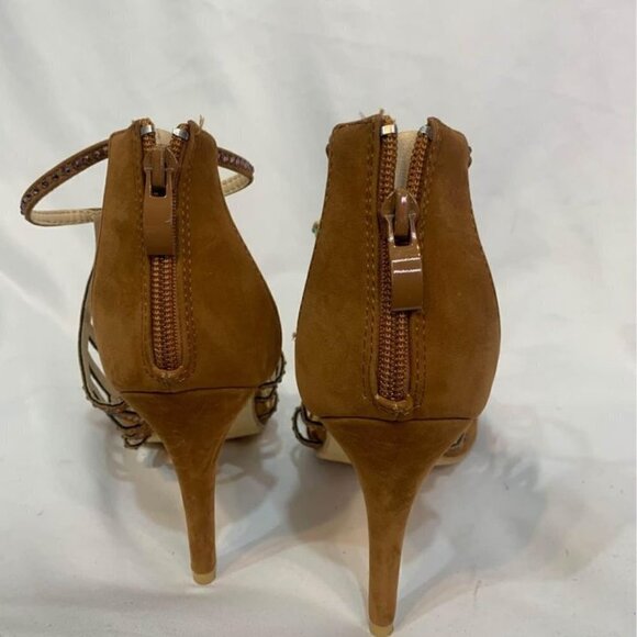 WOMAN’S formal pumps. Carmel faux suede. Rhinestone embellishments. Unique. - Picture 4 of 9